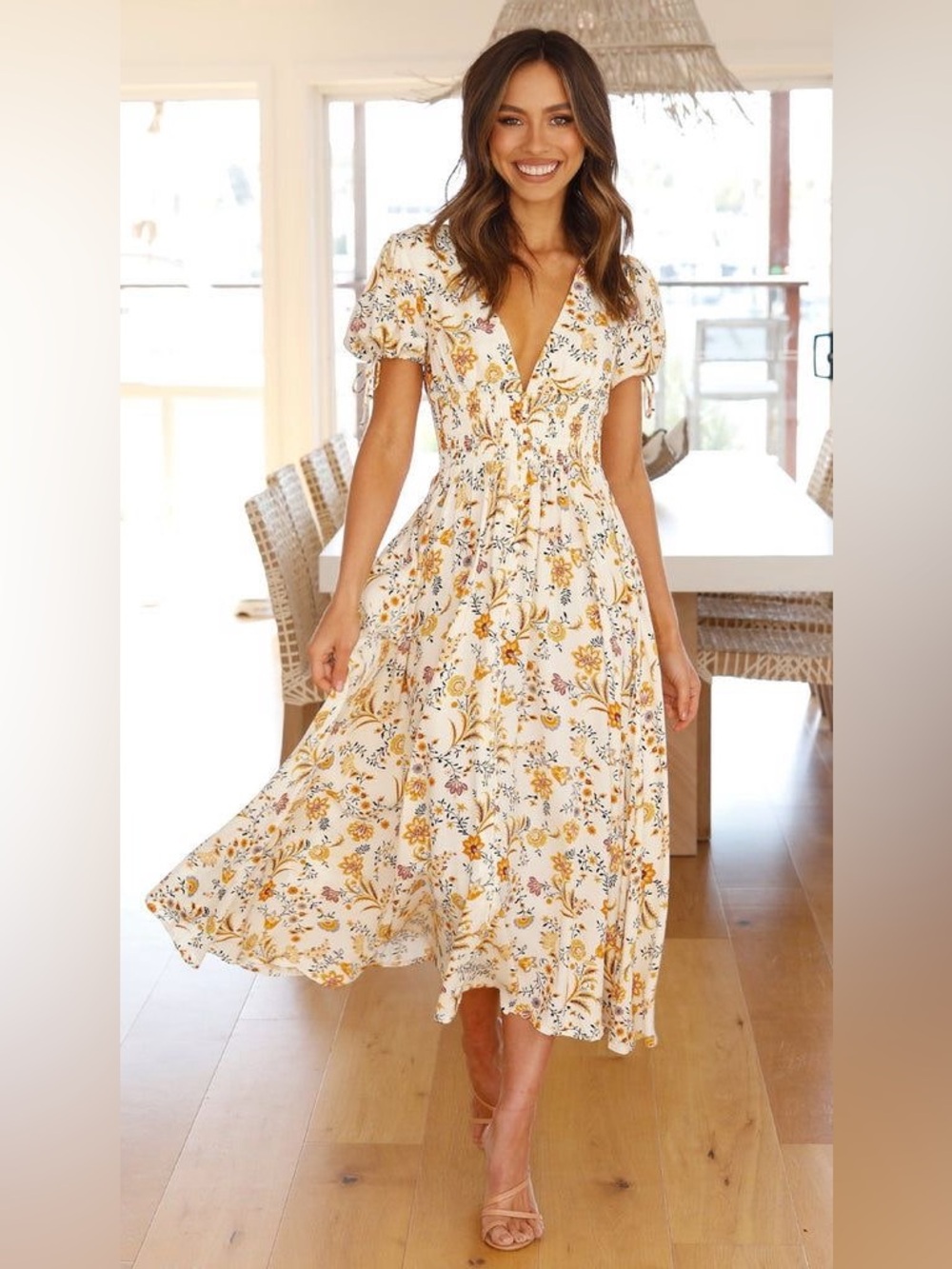 Fortunate One Smocked V-Neck Floral Smocked Midi Dress in Cream and Mustard